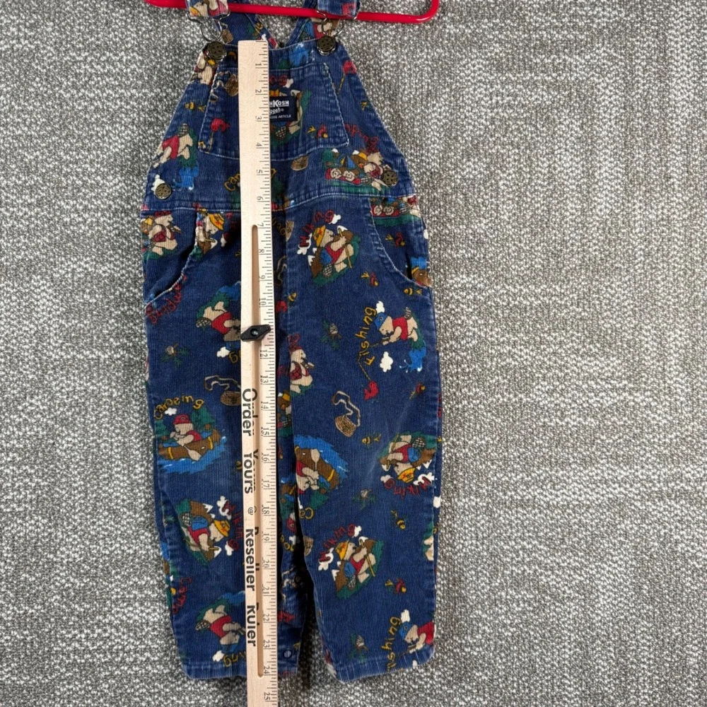 OshKosh B'gosh Vintage Corduroy Overalls Kids 2T Blue Camping Fishing Bear USA